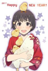 Rule 34 | 1girl, 2017, animal, animal on head, bird, bird on head, black hair, blush, brown eyes, chick, chicken, chinese zodiac, hair ornament, hairclip, happy new year, japanese clothes, kimono, looking at viewer, mattaku mousuke, nengajou, new year, on head, open mouth, original, rooster, short hair, smile, solo, white background, year of the rooster