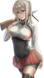 Rule 34 | 1girl, arm at side, bike shorts, blonde hair, blue eyes, blush, bow (weapon), breasts, corset, cosplay, cowboy shot, crossbow, graf zeppelin (kancolle), hair between eyes, highres, holding, holding crossbow, holding weapon, kantai collection, kokuzou, large breasts, long hair, looking at viewer, pleated skirt, red skirt, sideboob, sidelocks, simple background, skirt, smile, solo, taihou (kancolle), taihou (kancolle) (cosplay), taut clothes, thighhighs, tsurime, twintails, walking, weapon, white background