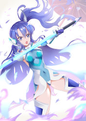 Rule 34 | 1girl, bad id, bad pixiv id, blue eyes, blue hair, blue leotard, blue sleeves, breasts, covered navel, detached sleeves, dutch angle, elbow gloves, floating hair, gloves, hair between eyes, headgear, holding, holding sword, holding weapon, kazanari tsubasa, leotard, long hair, open mouth, rikopin, senki zesshou symphogear, small breasts, solo, spread legs, sword, thighhighs, v-shaped eyebrows, very long hair, weapon, white gloves
