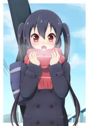 Rule 34 | 1girl, bag, black coat, black hair, blue sky, blush, border, breath, brown eyes, buttons, cloud, coat, commentary request, hair between eyes, highres, holding, holding bag, k-on!, long hair, long sleeves, nakano azusa, open mouth, outdoors, red scarf, scarf, school bag, sky, solo, twintails, white border, yosuzu