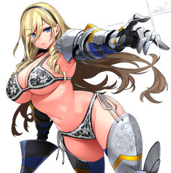 Rule 34 | 1girl, armor, armpits, bikini, bikini armor, black hairband, blonde hair, blue eyes, breasts, celia kumani entory, drill hair, eyes visible through hair, gauntlets, greaves, hairband, happa (cloverppd), highres, holding, holding polearm, holding weapon, lance, large breasts, long hair, looking at viewer, navel, outstretched arm, pointing, polearm, side-tie bikini bottom, simple background, solo, swimsuit, walkure romanze, weapon, white background