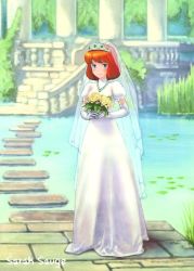 Rule 34 | 1girl, artist name, blue eyes, blush, bouquet, bridal veil, bride, brown hair, castle of cagliostro, clarisse de cagliostro, column, cross, dress, elbow gloves, female focus, flower, gem, gloves, grass, green gemstone, jewelry, lake, lily pad, looking at viewer, lupin iii, outdoors, pendant, pillar, red hair, sarah sauge, short hair, smile, solo, stone wall, tiara, veil, wall, water, wedding dress