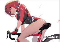 Rule 34 | 1girl, adapted costume, ass, bicycle, black hairband, black leotard, breasts, brown eyes, closed mouth, copyright name, covered navel, feet out of frame, gloves, hairband, large breasts, leotard, long sleeves, looking at viewer, minusk9, neon trim, pyra (xenoblade), red gloves, red hair, red leotard, riding, short hair, simple background, sitting, solo, two-tone leotard, white background, xenoblade chronicles (series), xenoblade chronicles 2