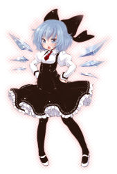 Rule 34 | 1girl, alternate costume, black pantyhose, blue eyes, blue hair, blush, bow, child, cirno, dress, fairy, hair bow, hands on own hips, highres, ice, ice wings, matching hair/eyes, necktie, open mouth, pantyhose, pinafore dress, short hair, sleeveless dress, solo, touhou, wings, yukiu con