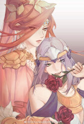 Rule 34 | 2girls, absurdres, alternate form, azeyma, circlet, commentary, earrings, expressionless, eyes visible through hair, final fantasy, final fantasy xiv, flower, gradient background, green eyes, hand up, high ponytail, highres, holding, holding flower, jewelry, laurel crown, llymlaen, long bangs, long hair, looking at viewer, multiple girls, neck ring, open mouth, orange hair, ponytail, purple hair, purple sash, red flower, red rose, rose, sash, sideways glance, simple background, single earring, smile, symbol-only commentary, upper body, weibo logo, weibo watermark, white background, wo dou gao shi&#039;er shennu, yellow eyes