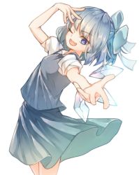 Rule 34 | 1girl, ;d, ahoge, arm up, blue bow, blue dress, blue eyes, blue hair, blush, bow, breasts, bright pupils, cirno, collared shirt, commentary request, dress, eyelashes, fairy, fang, hair bow, half updo, hand on own chest, highres, hito komoru, ice, ice wings, looking at viewer, one eye closed, open mouth, outstretched arm, pinafore dress, puffy short sleeves, puffy sleeves, reaching, reaching towards viewer, shirt, short hair, short sleeves, simple background, skin fang, sleeveless, sleeveless dress, small breasts, smile, solo, standing, touhou, white background, white pupils, white shirt, wing collar, wings