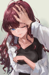 10s 1girl blue_eyes blush breasts brown_hair collarbone disembodied_hand earrings headpat highres ichinose_shiki idolmaster idolmaster_cinderella_girls jewelry large_breasts long_hair looking_at_viewer modare one_eye_closed sketch smile upper_body