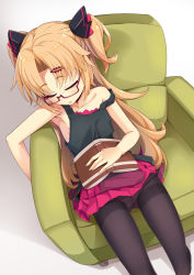 Rule 34 | 1girl, akatsuki uni, armchair, bare arms, bare shoulders, black pantyhose, black tank top, blonde hair, blush, book, chair, closed eyes, collarbone, commentary request, feet out of frame, glasses, hair ornament, hairclip, highres, long hair, ogami kazuki, on chair, open book, panties, panties under pantyhose, pantyhose, parted bangs, parted lips, pleated skirt, purple skirt, red-framed eyewear, semi-rimless eyewear, shadow, skirt, sleeping, solo, strap slip, tank top, thighband pantyhose, two side up, under-rim eyewear, underwear, uni create, very long hair, virtual youtuber, white background