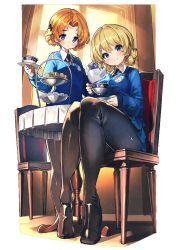Rule 34 | 10s, 2girls, black bow, black footwear, black legwear, black neckwear, blonde hair, blue eyes, blue skirt, blue sweater, blush, bow, braid, cake, chair, closed mouth, collaboration, commentary request, cookie, cup, darjeeling (girls und panzer), dress shirt, emblem, food, girls und panzer, hair bow, holding, holding cup, holding plate, indoors, last period, legs, loafers, long sleeves, looking at viewer, macaron, miniskirt, multiple girls, necktie, official art, orange hair, orange pekoe (girls und panzer), pantyhose, parted bangs, plate, pleated skirt, saucer, school uniform, shirt, shoes, short hair, sitting, skirt, smile, st. gloriana&#039;s (emblem), st. gloriana&#039;s school uniform, standing, sweater, table, tablecloth, teacup, teapot, thighs, tiered tray, transparent background, twin braids, v-neck, white shirt, window, wooden chair, wooden table