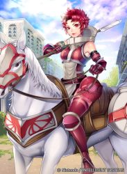 Rule 34 | 1girl, armor, bare shoulders, belt, fire emblem, fire emblem awakening, fire emblem cipher, gauntlets, greaves, horse, horseback riding, looking at viewer, matsurika youko, nintendo, outdoors, polearm, red hair, riding, short hair, solo, spear, sully (fire emblem), very short hair, weapon