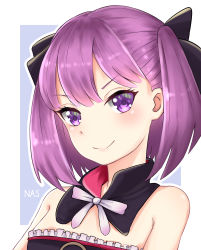 Rule 34 | 1girl, absurdres, black bow, bow, choker, closed mouth, detached collar, fate/grand order, fate (series), frills, hair bow, helena blavatsky (fate), highres, nassss, neck ribbon, purple eyes, purple hair, ribbon, short hair, smile, solo, strapless, upper body, white ribbon
