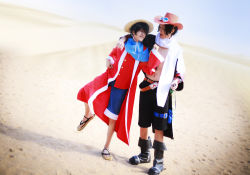Rule 34 | alabasta, belt, boots, brothers, cloak, cosplay, denim, denim shorts, han-kouga, hat, monkey d. luffy, one piece, open clothes, open shirt, photo (medium), portgas d. ace, sand, sandals, scarf, shirt, shorts, siblings, stampede string, straw hat, thigh strap, vest