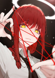 Rule 34 | 1girl, absurdres, braid, braided ponytail, cat&#039;s cradle, chainsaw man, closed mouth, collared shirt, formal, halo, hermityy, highres, light smile, looking at viewer, makima (chainsaw man), necktie, red hair, ringed eyes, shirt, sidelocks, solo, string, string around finger, string of fate, upper body, yellow eyes