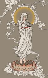 Rule 34 | 1girl, barefoot, bodhisattva, chimera, closed eyes, cloud, dungeon meshi, falin touden, falin touden (chimera), falin touden (tallman), feathered wings, full body, grey background, grey hair, halo, highres, korean commentary, long sleeves, lotus pedestal, on flower, robe, severed torso, short hair, smile, solo, standing, veil, vkflsalto 1, white robe, white veil, wide sleeves, wings