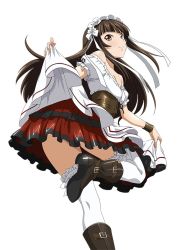 Rule 34 | 00s, 1girl, bare shoulders, black hair, black ribbon, boots, breasts, brown eyes, cleavage, collarbone, from below, ikkitousen, leg up, long hair, looking at viewer, maid headdress, ribbon, simple background, skirt, skirt hold, small breasts, smile, solo, ten&#039;i (ikkitousen), thighhighs, white background, white ribbon, white thighhighs