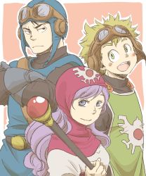 Rule 34 | 1girl, 2boys, breasts, commentary request, curly hair, dragon quest, dragon quest ii, dress, goggles, goggles on head, hood, long hair, multiple boys, prince of lorasia, prince of samantoria, princess of moonbrook, purple hair, robe, short hair, spiked hair, staff, weapon, white dress, white robe