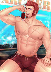 Rule 34 | 1boy, abs, absurdres, bara, beard, blue eyes, brown hair, cowboy shot, english text, facial hair, fate/grand order, fate (series), food, hand on own thigh, highres, ice cream, large pectorals, long sideburns, looking at viewer, male focus, mikicat, muscular, napoleon bonaparte (fate), navel, nipples, open mouth, outdoors, pectorals, scar, sideburns, simple background, sitting, smile, solo, summer, swimsuit, upper body