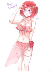 Rule 34 | 1girl, alternate hairstyle, artist name, artist request, bare legs, bare shoulders, bikini, bikini skirt, blush, breasts, collarbone, female focus, flower, flower print, frilled bikini, frills, front-tie bikini top, front-tie top, hair between eyes, highres, jewelry, looking at viewer, love live!, love live! school idol project, medium breasts, necklace, necktie, nishikino maki, parted lips, pearl necklace, pink bikini, ponytail, purple eyes, red flower, red hair, rose, short hair, short ponytail, side ponytail, smile, solo, swimsuit, white background