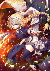 Rule 34 | 1girl, :d, armor, armored boots, armored dress, black bow, black thighhighs, blonde hair, blue dress, blue eyes, blush, boots, bow, braid, breasts, chain, commentary request, dress, fate/apocrypha, fate (series), flag, flower, gabiran, gauntlets, hair between eyes, hair bow, headpiece, jeanne d&#039;arc (fate), jeanne d&#039;arc (ruler) (fate), long hair, looking at viewer, medium breasts, open mouth, single braid, smile, solo, standing, standing on one leg, sword, thighhighs, v-shaped eyebrows, very long hair, weapon, white flower