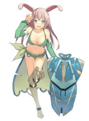 Rule 34 | 1girl, animal ears, armor, armored boots, bad id, bad pixiv id, bent over, bikini, bikini armor, bikini top only, blue eyes, boots, breasts, rabbit ears, cccpo, cleavage, collarbone, detached sleeves, green bikini, large breasts, long hair, long sleeves, armored boots, navel, open mouth, original, pink hair, shield, showgirl skirt, smile, solo, standing, standing on one leg, swimsuit, thigh boots, thighhighs, very long hair, wide sleeves