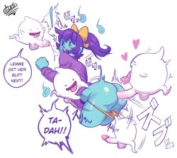 Rule 34 | 1girl, absurdres, after fellatio, anal, ass, blue skin, blush, colored skin, english text, erection, foreskin, ghost, group sex, highres, marina (noill), original, penis, ponytail, purple hair, speech bubble, tobias leviathan, uncensored, undressing
