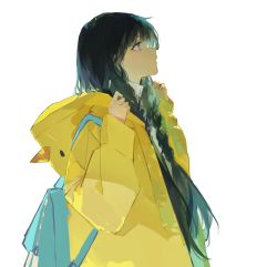 Rule 34 | 1girl, backpack, bag, black hair, blue bag, blue eyes, braid, coat, commentary request, duck hood, from side, hands up, highres, hood, hooded coat, long hair, looking away, original, parted lips, profile, raincoat, simple background, sleepless (wrysmile), solo, twin braids, upper body, white background, yellow coat