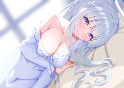 Rule 34 | 1girl, bare shoulders, bed sheet, blue archive, blurry, blurry background, breasts, cleavage, closed mouth, collarbone, commentary request, depth of field, dress, dutch angle, grey hair, halo, iseshi, large breasts, long hair, lying, noa (blue archive), off shoulder, on side, ponytail, purple eyes, smile, solo, white dress, window