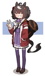 Rule 34 | 1girl, ahoge, amonitto, animal ears, bag, black hair, blush, brown footwear, closed eyes, commentary request, duffel bag, facing viewer, full body, grin, hand in pocket, highres, horse ears, horse girl, horse tail, jacket, kitasan black (umamusume), multicolored hair, open clothes, open jacket, open mouth, purple shirt, purple skirt, purple thighhighs, red jacket, school uniform, shirt, shoes, short hair, skirt, smile, solo, standing, streaked hair, tail, teeth, thighhighs, tracen school uniform, two side up, umamusume, v