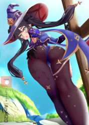Rule 34 | 1girl, anm20, artist name, ass, black gloves, black hair, blue sky, blush, commentary, day, dutch angle, from behind, fur trim, genshin impact, gloves, green eyes, hat, highleg, highleg leotard, highres, leotard, long hair, looking at viewer, looking back, mona (genshin impact), open mouth, outdoors, pantyhose, patreon username, shiny clothes, simple background, sky, solo, twintails, watermark, witch hat