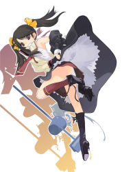 Rule 34 | black hair, boots, bread slice, brush, bucket, bucket spill, camisole, dressing, food, food in mouth, from below, hapoi, mouth hold, okazaki takeshi, original, panties, pantyshot, red eyes, ribbon, school uniform, shadow, shoe dangle, short twintails, spill, toast, toast in mouth, twintails, underwear, upskirt, white panties