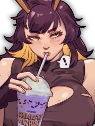 Rule 34 | !, 1girl, black hair, blonde hair, breasts, cleavage cutout, clothing cutout, cup, demon girl, disposable cup, drinking straw, drinking straw in mouth, fingerless gloves, fingernails, gloves, grimace shake (meme), highres, holding, holding cup, horns, huge breasts, long hair, meme, milkshake, multicolored hair, original, skullworms, solo, two-tone hair, violet (skullworms), yellow eyes