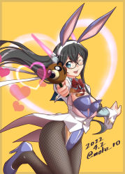 Rule 34 | 1girl, adapted costume, animal ears, black hair, bow, bowtie, breasts, can can bunny, coattails, cosplay, cowboy shot, cropped jacket, dated, fishnet pantyhose, fishnets, green eyes, gun, jacket, kantai collection, leotard, long hair, looking at viewer, moke ro, one eye closed, ooyodo (kancolle), pantyhose, playboy bunny, purple footwear, purple leotard, rabbit ears, rabbit tail, red bow, red bowtie, semi-rimless eyewear, small breasts, solo, swatty (can can bunny), swatty (can can bunny) (cosplay), tail, twitter username, under-rim eyewear, weapon, white jacket, wrist cuffs
