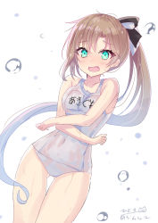 Rule 34 | 1girl, absurdres, akigumo (kancolle), blush, breasts, brown hair, covered navel, embarrassed, gluteal fold, green eyes, hair between eyes, hair ribbon, highres, hizaka, kantai collection, long hair, looking at viewer, medium breasts, mole, mole under eye, name tag, one-hour drawing challenge, one-piece swimsuit, open mouth, ponytail, ribbon, school swimsuit, simple background, solo, swimsuit, twitter username, white background, white one-piece swimsuit