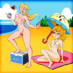 Rule 34 | 2girls, absurdres, alternate hairstyle, arm at side, armpits, artist request, barefoot, beach, blonde hair, blonde pubic hair, blue eyes, box, breasts, can, casual nudity, closed mouth, completely nude, cooler, crossover, drink can, eyelashes, feet, friends, full body, hand on ground, happy, highres, holding, holding can, holding umbrella, jewelry, knee up, large breasts, legs, lipstick, looking at another, looking up, makeup, mario (series), medium breasts, metroid, metroid (creature), moderate pubic hair, multiple girls, navel, necklace, nintendo, nipples, nude, nudist, nudist beach, ocean, official alternate hairstyle, open mouth, outdoors, outstretched arms, parasol, perry (mario), ponytail, princess peach, pussy, samus aran, shiny skin, side bangs, sidelocks, sitting, sky, smile, soda can, soles, spread arms, stepping, summer, super princess peach, toes, umbrella, unworn clothes, vacation