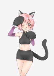 Rule 34 | 1girl, animal ears, bell, blush, breasts, cat ears, highres, midriff, navel, nonohara yuzuko, one eye closed, pink hair, red eyes, short hair, shorts, simple background, small breasts, smile, solo, tail, white background, yuyushiki