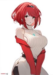 Rule 34 | 1girl, bare shoulders, belt, breasts, hairband, highres, large breasts, minusk9, off shoulder, parted lips, pyra (xenoblade), red eyes, red hair, ribbed sweater, side slit, sideboob, simple background, skirt, sleeveless, sleeveless turtleneck, solo, sweater, swept bangs, turtleneck, turtleneck sweater, white background, white skirt, white sweater, xenoblade chronicles (series), xenoblade chronicles 2