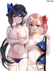 Rule 34 | 2girls, :d, black hair, blue bra, blue hair, blue panties, blush, bow, bra, braid, breasts, crossed arms, girls&#039; frontline, groin, hair between eyes, hair bow, hair ornament, hair ribbon, hairclip, hei d, hexagram, highres, holding, holding bra, holding clothes, holding underwear, image sample, jericho (girls&#039; frontline), large breasts, long hair, looking at viewer, mole, mole under eye, multicolored hair, multiple girls, navel, negev (girls&#039; frontline), one side up, open mouth, panties, pink hair, pixiv sample, ponytail, purple eyes, red bow, red eyes, ribbon, smile, star of david, stomach, streaked hair, topless, underwear, very long hair, white panties