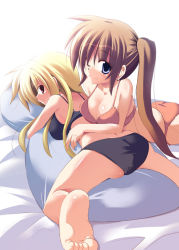 Rule 34 | 00s, 2girls, ass, bed, black panties, blonde hair, blue eyes, bra, breasts, brown hair, fate testarossa, large breasts, lingerie, lyrical nanoha, mahou shoujo lyrical nanoha, mahou shoujo lyrical nanoha strikers, multiple girls, non-web source, one eye closed, panties, pillow, red eyes, side ponytail, takamachi nanoha, underwear, underwear only, wink