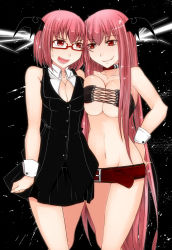 Rule 34 | 2girls, :d, adapted costume, alternate costume, alternate hair length, alternate hairstyle, aoshima, asymmetrical docking, bare legs, bare shoulders, bat wings, belt, bespectacled, black background, breast press, breasts, cleavage, collar, collarbone, dual persona, female focus, glasses, grin, hand on own hip, head wings, highres, koakuma, large breasts, legs, long hair, miniskirt, multiple girls, naughty face, navel, open mouth, pleated skirt, red-framed eyewear, red eyes, red hair, revealing clothes, short hair, siblings, simple background, sisters, skirt, skirt set, sleeveless, smile, thighs, touhou, very long hair, vest, wings, wrist cuffs