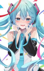 Rule 34 | 1girl, :d, absurdres, aur hkgn, black sleeves, blue eyes, blue hair, blue necktie, blurry, blurry foreground, collared shirt, detached sleeves, floating hair, hair between eyes, hair ornament, happy tears, hatsune miku, highres, holding, holding hair, long hair, long sleeves, looking at viewer, necktie, open mouth, red ribbon, ribbon, shirt, sleeveless, sleeveless shirt, smile, solo, tears, twintails, very long hair, vocaloid, white shirt, wing collar