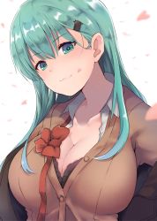 Rule 34 | 10s, 1girl, absurdres, aqua eyes, aqua hair, blouse, breasts, brown jacket, brown sweater, cardigan, cherry blossoms, cleavage, dyson (edaokunnsaikouya), green eyes, green hair, hair ornament, hairclip, highres, jacket, kantai collection, large breasts, light smile, long hair, long sleeves, petals, red ribbon, remodel (kantai collection), ribbon, school uniform, shirt, smile, solo, suzuya (kancolle), sweater, white background, white shirt