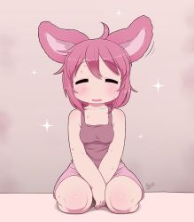 Rule 34 | 1girl, :d, = =, animal ears, between legs, blush, breasts, camisole, closed eyes, commentary, english commentary, facing viewer, female focus, hand between legs, highres, kionant, medium hair, no nose, open mouth, original, parted lips, pink camisole, pink hair, pink shorts, pink theme, rabbit ears, seiza, shorts, signature, sitting, small breasts, smile, solo, sparkle, sweat
