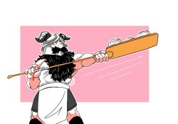 Rule 34 | 1boy, apron, bara, beard, bread, cooking, dungeon meshi, dwarf, facial hair, fake horns, feet out of frame, food, greyscale with colored background, helmet, highres, holding, horned helmet, horns, long beard, male focus, muscular, muscular male, mustache, nekokat42, peel (tool), pink background, senshi (dungeon meshi), solo, speed lines, thick mustache, two-tone background, very long beard