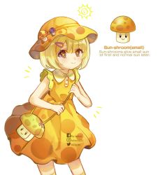 Rule 34 | 1girl, blonde hair, closed mouth, cowboy shot, dress, facebook logo, flat chest, hair ornament, hairclip, happy, highres, instagram logo, instagram username, looking at viewer, mushroom, plants vs zombies, puff-shroom (plants vs zombies), rulacloi, short hair, smile, sun, sun-shroom (plants vs zombies), twitter username, white background, yellow dress
