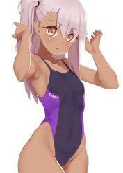Rule 34 | 1girl, black one-piece swimsuit, breasts, chloe von einzbern, collarbone, competition swimsuit, covered navel, dark-skinned female, dark skin, eyelashes, fate/kaleid liner prisma illya, fate (series), hair between eyes, hands up, highleg, highleg swimsuit, highres, jilu, long hair, looking at viewer, one-piece swimsuit, one side up, open mouth, orange eyes, pink hair, purple one-piece swimsuit, simple background, small breasts, solo, swimsuit, white background