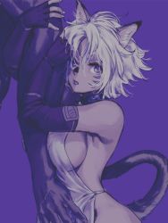 Rule 34 | 1girl, animal ears, bare shoulders, breasts, cat ears, cat girl, cat tail, elbow gloves, facial mark, final fantasy, final fantasy xi, fingerless gloves, fingernails, gloves, hair between eyes, highres, medium breasts, mithra (ff11), no eyebrows, open mouth, purple background, purple theme, short hair, sideboob, simple background, solo focus, tail, yuccoshi
