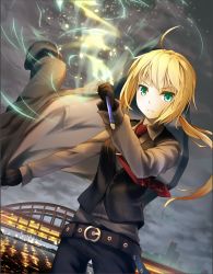 Rule 34 | 1girl, ahoge, artoria pendragon (all), artoria pendragon (fate), belt, black pants, black shirt, blonde hair, bridge, cloud, dutch angle, fate/zero, fate (series), green eyes, hellnyaa, highres, holding, holding sword, holding weapon, long hair, looking at viewer, necktie, night, outdoors, pants, red necktie, river, saber (fate), shirt, solo, sword, water, weapon
