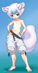 Rule 34 | 1boy, animal ear fluff, animal ears, aogami, barefoot, belt, blue background, blue eyes, blue hair, borrowed character, buck teeth, child, colored eyelashes, feet, full body, gradient background, hands on own hips, highres, looking at viewer, male focus, multicolored hair, navel, original, shorts, signature, solo, standing, tail, teeth, toes, topless male, white hair