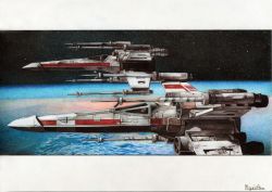Rule 34 | absurdres, colored pencil (medium), highres, letterboxed, miyabi asou, planet, realistic, rebel alliance, science fiction, signature, space, spacecraft, star wars, starfighter, t-65 x-wing, traditional media, x-wing