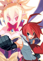 Rule 34 | 1boy, 1girl, adell (disgaea), blonde hair, blue eyes, bow, bright pupils, couple, demon girl, disgaea, dress, earrings, gloves, harada takehito, hetero, jewelry, makai senki disgaea 2, makai senki disgaea 3, necktie, nippon ichi, official art, pointy ears, red eyes, red hair, rozalin, slit pupils, yellow bow